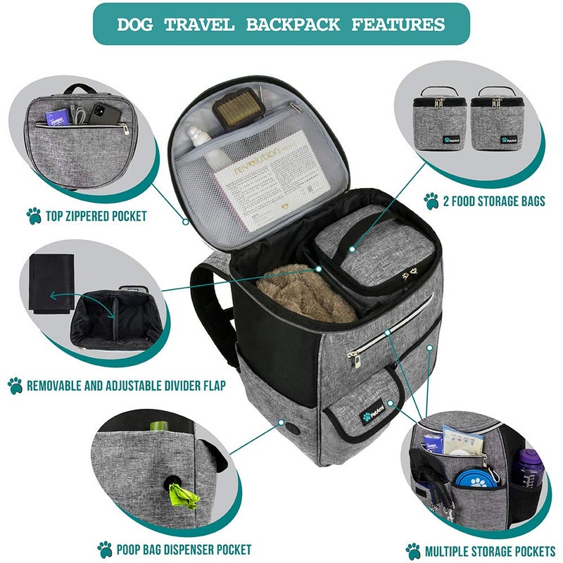 PetAmi Dog Travel Bag Backpack, Airline Approved Dog Bags for Traveling, Puppy Diaper Bag Supplies, Pet Camping Essentials Hiking Accessories Dog Mom Gift, Food Container, Collapsible Bowls, Gray - Image 3